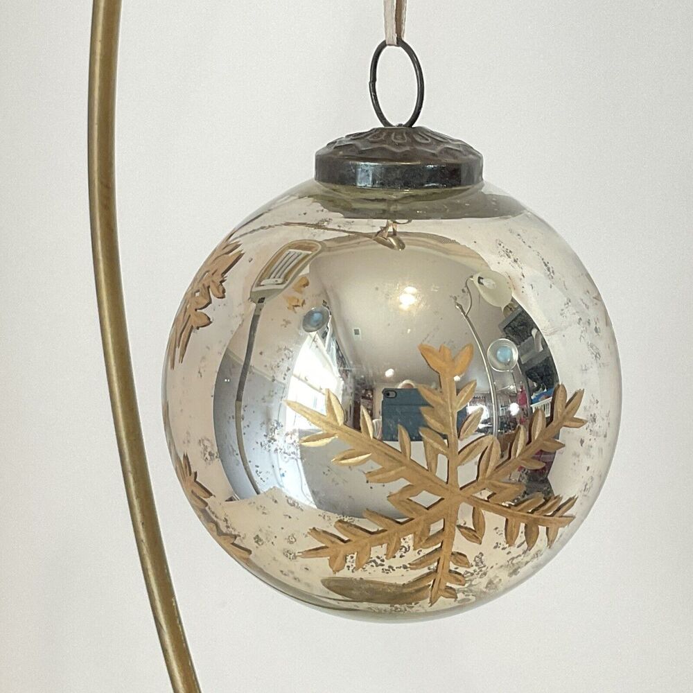 Kugel Style Silver Mercury Glass Ball Christmas Ornament With Gold 3 3/4”